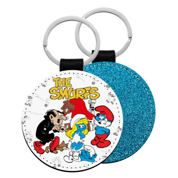 The smurfs, Μπρελόκ Δερματίνη, στρογγυλό ΜΠΛΕ (5cm)