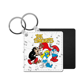 The smurfs, Μπρελόκ Δερματίνη, τετράγωνο ΜΑΥΡΟ (5x5cm)