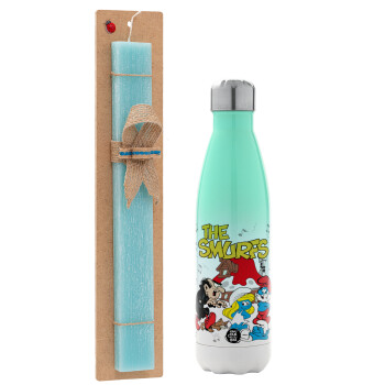 The smurfs, Easter Set, Metallic green/white thermos (Stainless steel), double-walled, 500ml & scented flat Easter candle (30cm) (TURQUOISE)