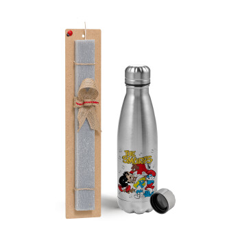 The smurfs, Easter Set, metallic Inox water bottle (750ml) & aromatic flat Easter candle (30cm) (GRAY)
