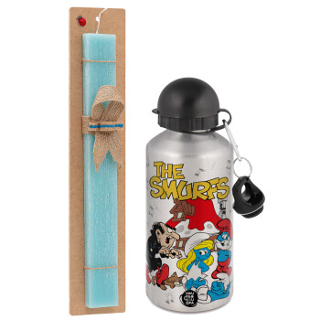 The smurfs, Easter Set, metallic silver aluminum water bottle (500ml) & scented flat Easter candle (30cm) (TURQUOISE)