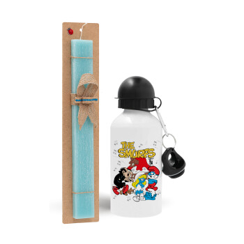 The smurfs, Easter Set, metallic aluminum water bottle (500ml) & scented flat candle (30cm) (TURQUOISE)