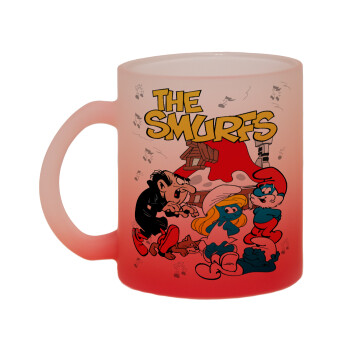 The smurfs, Κούπα γυάλινη δίχρωμη με βάση το κόκκινο ματ, 330ml