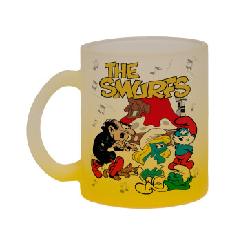 The smurfs, Κούπα γυάλινη δίχρωμη με βάση το κίτρινο ματ, 330ml