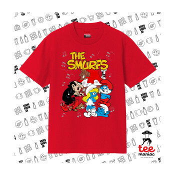 Τα στρουμφάκια, Κλασικό T-Shirt, διπλής ραφής, χωρίς πλευρικές ραφές ΚΟΚΚΙΝΟ από 100% βαμβάκι. Vegan & OEKO-TEX πιστοποιημένο.