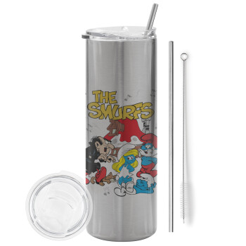 The smurfs, Eco friendly stainless steel Silver tumbler 600ml, with metal straw & cleaning brush