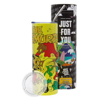 The smurfs, Neon Yellow Travel Tumbler, with metal straw (Stainless steel 304 Food grade, BPA free, 600ml)