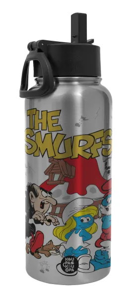The smurfs — Metal mug thermo Silver with Straw and Spout Lid (Stainless steel), double wall, 950ml