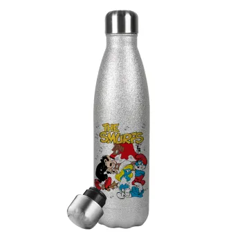 The smurfs, Metallic Glitter Silver Thermos Flask (Stainless steel), double-walled, 500ml