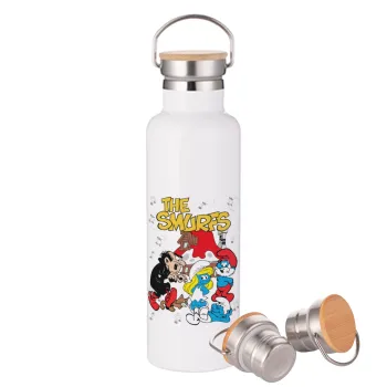 The smurfs, Stainless steel White with wooden lid (bamboo), double wall, 750ml