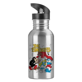 The smurfs, Water bottle Silver with straw, stainless steel 600ml