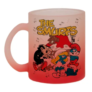 The smurfs, Κούπα γυάλινη δίχρωμη με βάση το κόκκινο ματ, 330ml