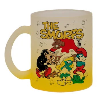 The smurfs, Κούπα γυάλινη δίχρωμη με βάση το κίτρινο ματ, 330ml