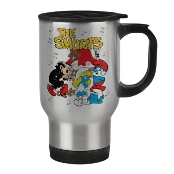 Τα στρουμφάκια, Κούπα ταξιδιού ανοξείδωτη με καπάκι, διπλού τοιχώματος (θερμό) 450ml