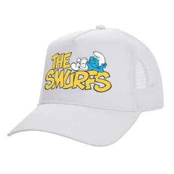 The smurfs, Structured Trucker Adult Hat, with Mesh, WHITE (100% COTTON, ADULT, UNISEX, ONE SIZE)