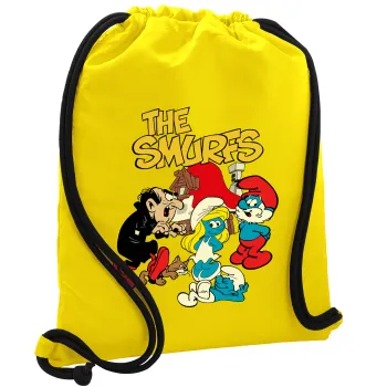 Τα στρουμφάκια, Τσάντα πλάτης πουγκί GYMBAG Κίτρινη, με τσέπη (40x48cm) & χονδρά κορδόνια