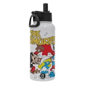 Τα στρουμφάκια, Μεταλλικό παγούρι θερμός Λευκό με καλαμάκι και χερούλι (Stainless steel), διπλού τοιχώματος, 950ml