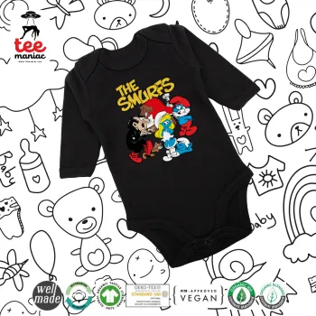 Τα στρουμφάκια, Μακρυμάνικο βρεφικό φορμάκι, 0-18 μηνών, ΜΑΥΡΟ, 100% Organic Cotton