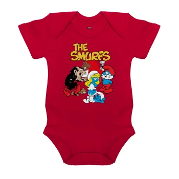 Τα στρουμφάκια, Βρεφικό φορμάκι μωρού, ΚΟΚΚΙΝΟ, 100% Organic Cotton, κοντομάνικο