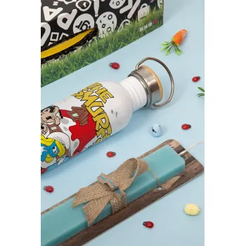 Τα στρουμφάκια, Πασχαλινή Λαμπάδα με παγούρι μεταλλικό (620ml, stainless steel) & κερί αρωματικό πλακέ (30cm) (ΤΙΡΚΟΥΑΖ)