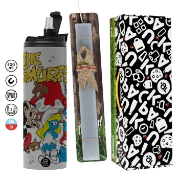 Τα στρουμφάκια, Πασχαλινή Λαμπάδα με Travel Tumbler θερμό (600ml, BPA free) & κερί αρωματικό πλακέ (30cm) (ΓΚΡΙ)