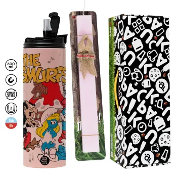 Τα στρουμφάκια, Πασχαλινή Λαμπάδα με  ΡΟΖ Travel Tumbler θερμό (600ml, BPA free) & κερί αρωματικό πλακέ (30cm) (ΡΟΖ)