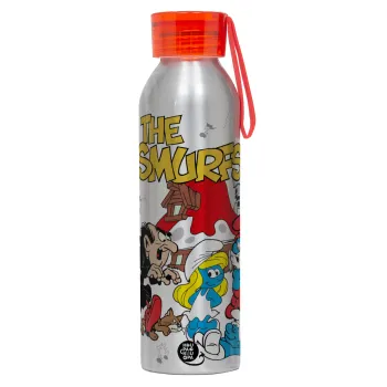 Τα στρουμφάκια, Αλουμινένιο Αθλητικό Μπουκάλι 650ml – Ασημί με Κόκκινο Καπάκι και Λουράκι Σιλικόνης