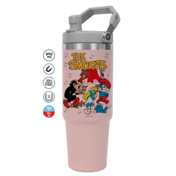 Τα στρουμφάκια, ΡΟΖ χρώματος Θερμός Ανοξείδωτο 890ml (30oz) με χερούλι