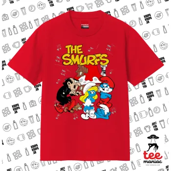 Τα στρουμφάκια, Κλασικό T-Shirt, διπλής ραφής, χωρίς πλευρικές ραφές ΚΟΚΚΙΝΟ από 100% βαμβάκι. Vegan & OEKO-TEX πιστοποιημένο.