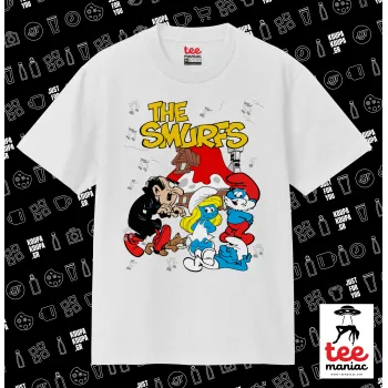 Τα στρουμφάκια, Κλασικό T-Shirt, διπλής ραφής, χωρίς πλευρικές ραφές ΛΕΥΚΟ από 100% βαμβάκι. Vegan & OEKO-TEX πιστοποιημένο.