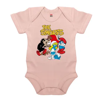 The smurfs, Βρεφικό φορμάκι μωρού, 0-18 μηνών, ΡΟΖ POWDER, 100% Organic Cotton, κοντομάνικο