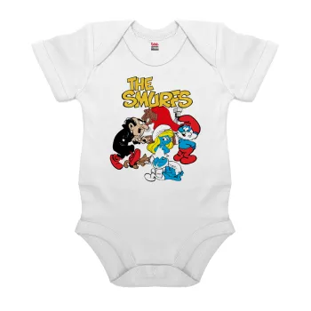 The smurfs, Βρεφικό φορμάκι μωρού, 0-24 μηνών, ΛΕΥΚΟ, 100% Organic Cotton, κοντομάνικο