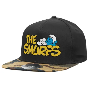 Τα στρουμφάκια, Καπέλο Ενηλίκων Flat Snapback Μαύρο/Παραλλαγή, (100% ΒΑΜΒΑΚΕΡΟ TWILL, ΕΝΗΛΙΚΩΝ, UNISEX, ONE SIZE)