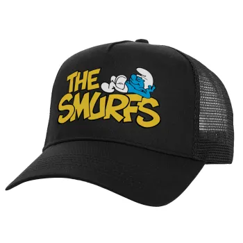 The smurfs, Structured Trucker Adult Hat, with Mesh, Black (100% COTTON, ADULT, UNISEX, ONE SIZE)