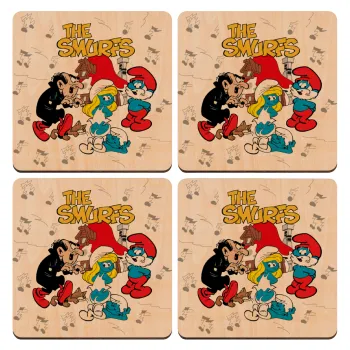 The smurfs, ΣΕΤ x4 Σουβέρ ξύλινα τετράγωνα plywood (9cm)