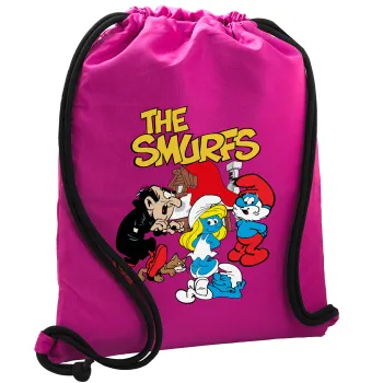 Τα στρουμφάκια, Τσάντα πλάτης πουγκί GYMBAG Φούξια, με τσέπη (40x48cm) & χονδρά κορδόνια
