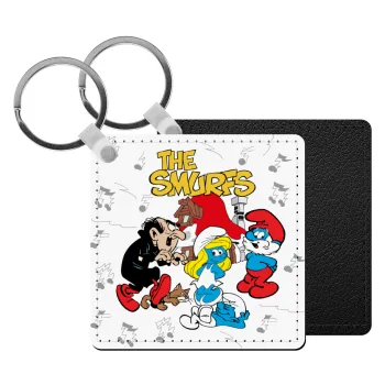 The smurfs, Μπρελόκ Δερματίνη, τετράγωνο ΜΑΥΡΟ (5x5cm)