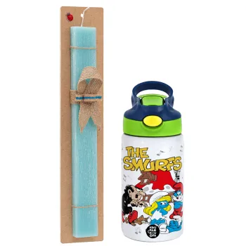 The smurfs, Easter Set, Children's thermal stainless steel bottle with safety straw, green/blue (350ml) & aromatic flat Easter candle (30cm) (TURQUOISE)