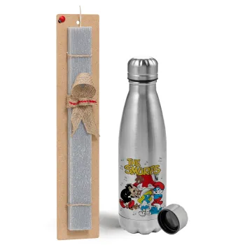 The smurfs, Easter Set, metallic Inox water bottle (750ml) & aromatic flat Easter candle (30cm) (GRAY)