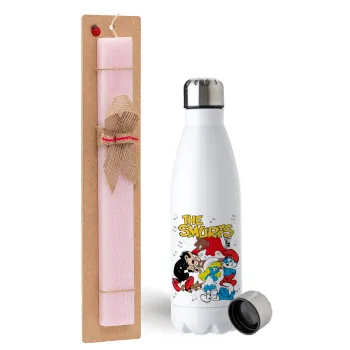 The smurfs, Easter Set, metallic stainless steel water bottle (750ml) & scented flat Easter candle (30cm) (PINK)