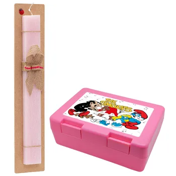 The smurfs, Easter Set, children's snack container PINK & scented flat Easter candle (30cm) (PINK)