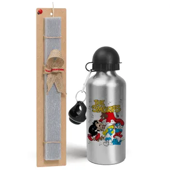 The smurfs, Easter Set, metallic silver aluminum water bottle (500ml) & aromatic flat Easter candle (30cm) (GRAY)