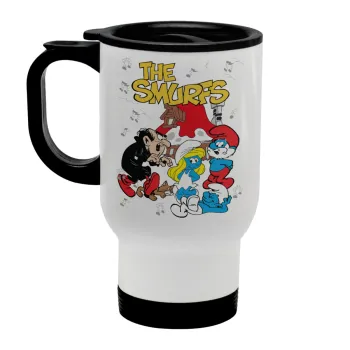 The smurfs, Stainless steel travel mug with lid, double wall white 450ml