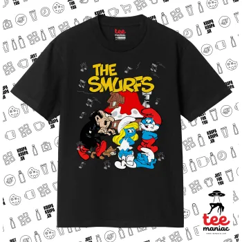 Τα στρουμφάκια, Κλασικό T-Shirt, διπλής ραφής, χωρίς πλευρικές ραφές ΜΑΥΡΟ από 100% βαμβάκι. Vegan & OEKO-TEX πιστοποιημένο.