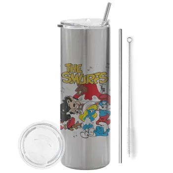 The smurfs, Tumbler stainless steel Silver 600ml, with metal straw & cleaning brush
