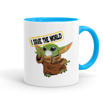 Baby Yoda, This is how i save the world!!! , Mug colored light blue, ceramic, 330ml