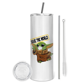 Baby Yoda, This is how i save the world!!! , Eco friendly ποτήρι θερμό (tumbler) από ανοξείδωτο ατσάλι 600ml, με μεταλλικό καλαμάκι & βούρτσα καθαρισμού