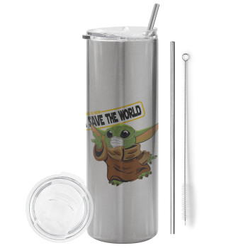Baby Yoda, This is how i save the world!!! , Eco friendly stainless steel Silver tumbler 600ml, with metal straw & cleaning brush