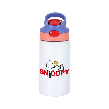 Snoopy sleep, Children's hot water bottle, stainless steel, with safety straw, pink/purple (350ml)
