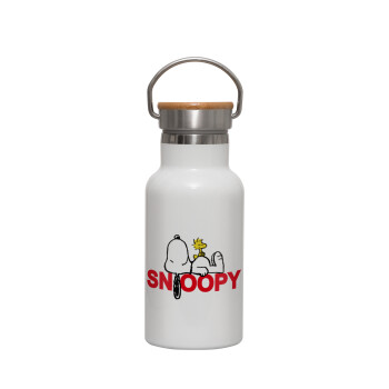 Snoopy sleep, Μεταλλικό παγούρι θερμός (Stainless steel) Λευκό με ξύλινο καπακι (bamboo), διπλού τοιχώματος, 350ml
